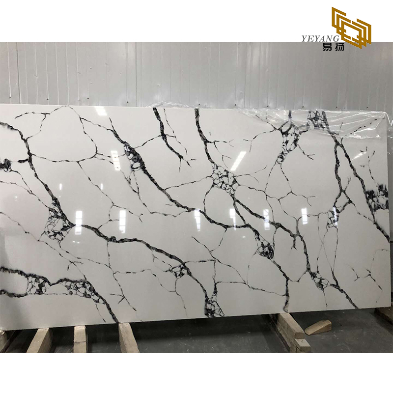 High polished grey vein white calacatta quartz big tiles slabs kitchen countertops